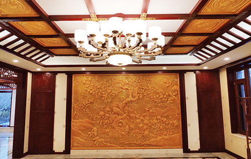 河西区街道中式别墅客厅中式木作横梁吊顶装饰展示